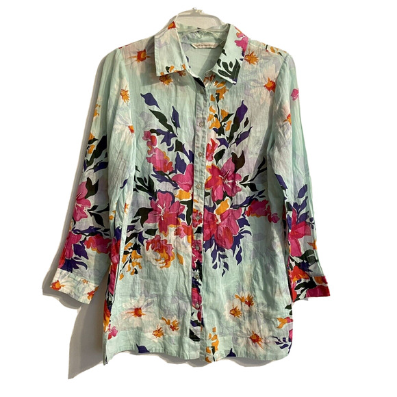 Soft Surroundings Tops - Soft Surroundings Aqua Day Lily Floral Tunic Shirt Top Small Blue Pocket…